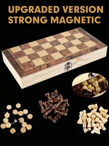 1 Stücke handgefertigter Holz Falt Schach Internationales Set, Mini 24 x 24 cm handgefertigtes Spielbrett zum Verstauen, 3-in-1 Schachbrett Spiel (Schach, Dame, Backgammon), geeignet für erwachsene Anfänger. Die multifunktionalen schwarz-weißen Holzschachfiguren des internationalen Schachspiels können zusammengeklappt werden.