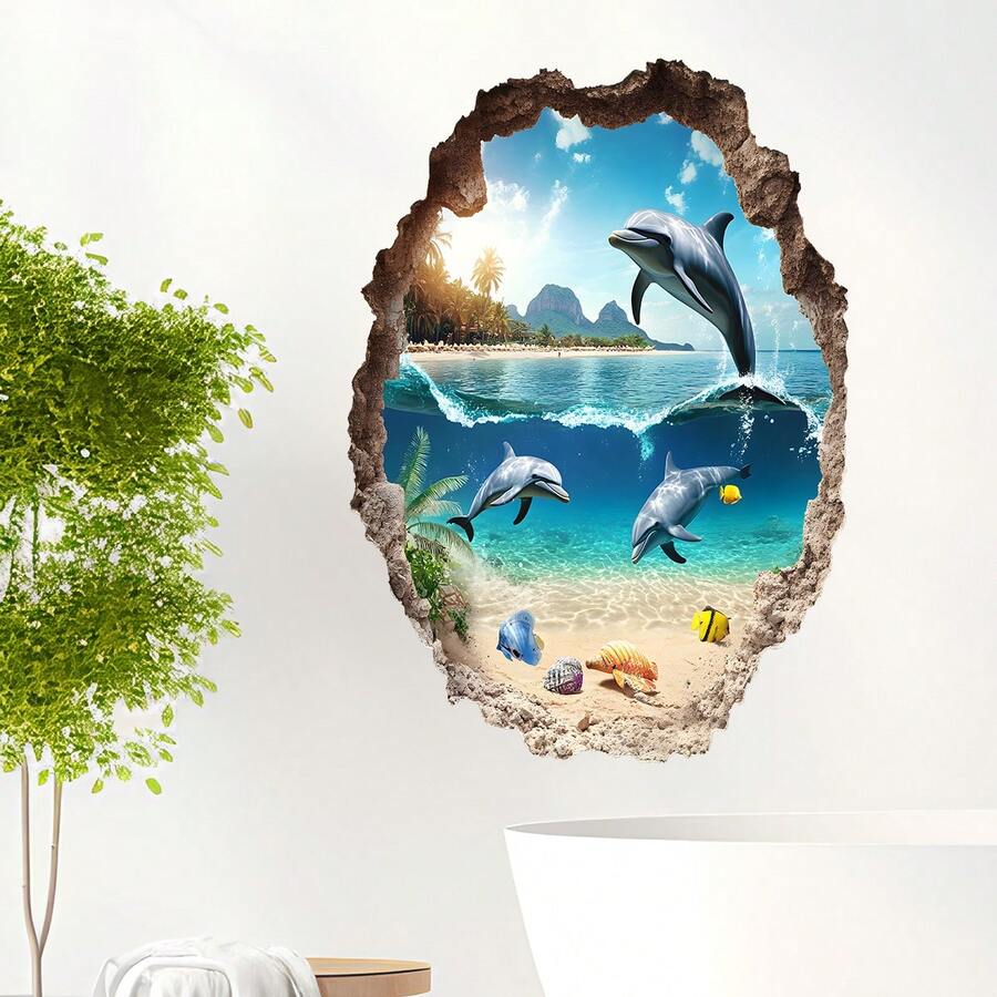 1片/30x40cm 可移除海豚與海洋場景牆貼,適合浴室裝飾 - 彩色 - 查看 1