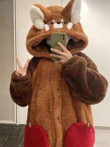 女士可爱熊浴袍 - 卡通可爱浣熊法兰绒浴袍 - 睡袍，无弹力面料，可机洗 - 冬夜舒适浴袍 - 居家（成人版）卡通图案毛绒保暖连帽浴袍 - 彩色 - 查看 3