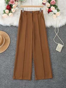 1 chiếc quần dài nữ bằng polyester màu trơn, có cúc cài và túi, khóa kéo, thích hợp cho kỳ nghỉ, công sở, nhà, mặc hàng ngày, du lịch, mọi mùa xuân. - màu nâu - Xem 4