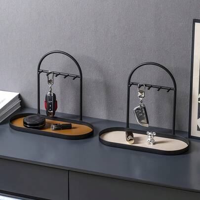1pc Modern Metal Key Holder With Storage Tray - Oval Entryway Organizer With Multiple Hooks, Suitable For Storing Keys, Watches And Jewelry - Multipurpose Home Decor, Suitable For Bathroom, Desk, Tabletop Storage, Desktop Accessory, Stylish Design, Powder Coated Finish, Bathroom Storage, Minimalist Design, Sturdy Construction, Watch Display, Fashionable Home Decor, Jewelry Stand. ,Room Decor