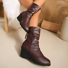 Women's New Mid-Calf Boots, Flat Wedge Heel, Fashion & Comfortable Autumn/Winter Boots - Coffee Brown - View 2