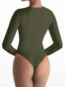 XLLAIS Camiseta de manga larga ajustada y elástica de color rojo brillante para mujer, de estilo casual y de club, para primavera - Verde militar - Ver 5