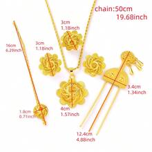 Golden Color Jewelry Set, Vintage Beautiful Jewelry For Women - Pendant Necklace, Earrings, Ring, Headchain, Hairpin, African Eritrean Bridal Wedding Luxury Accessories