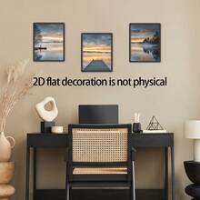 2D Flat Decoration 3pcs 8x10inch Framless Home Decoration Paintings, " Sunrise Pier On Misty Lake " Modern Style Art Print Poster Painting , Suitable For Living Room, Bedroom, Home Office
