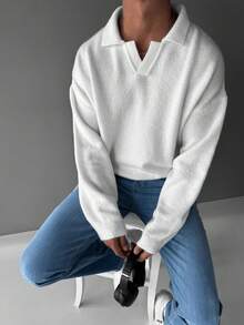 男士休闲纯色落肩毛衣，适合秋冬季节穿着，长袖上衣 - 白色 - 查看 2