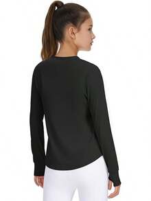 Girls Long Sleeve Shirts Athletic Shirt With Thumb Holes Kids Crew Neck Basic Tee Tops For Sports Gym Yoga - 黑色 - 查看 3