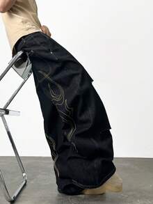 1pc Fashionable Loose Fit Distressed Embroidered Denim Jeans, Versatile Streetwear Style Casual Pants For Men, All Season - màu đen - Xem 1