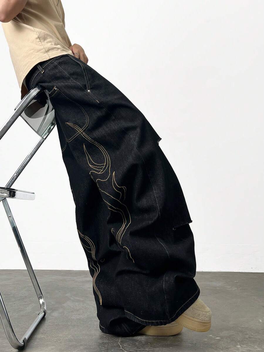 1pc Fashionable Loose Fit Distressed Embroidered Denim Jeans, Versatile Streetwear Style Casual Pants For Men, All Season - màu đen - Xem 1