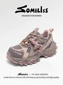 somiliss 女款秋季個性時尚厚底運動鞋，網布舒適柔軟，5cm厚底低筒戶外走路鞋，日常通勤四季休閒鞋（鞋底做舊效果）粉色 - 粉色 - 查看 3