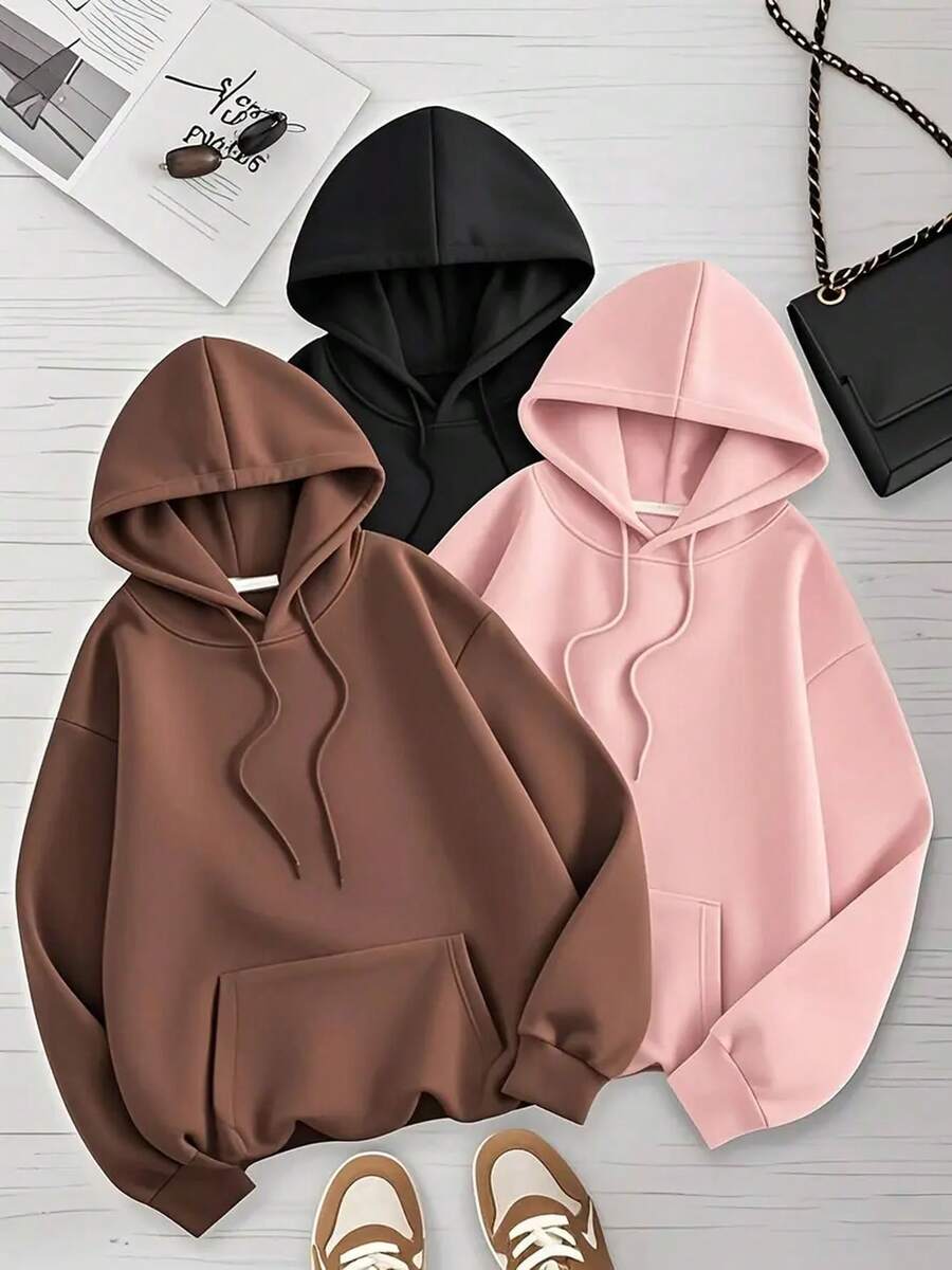 Conjunto paquete set pack 3 piezas sudadera básica capucha hoodie lisa dama mujer casual manga larga bolsa canguro puños acanalados diario calientita suave cómoda moderna juvenil - Multicolor - Ver 1
