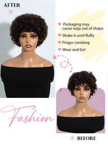 Pixie Cut Wig Human Hair 6 Inch Short Curly Wigs None Lace Front Human Hair Wigs With Bangs 180% Density Machine Made Pixie Cut Curly Wave Wigs 100% Human Hair Wig For Women Natural Color Human Hair