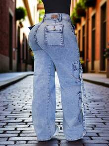 Pantalon jeans de mezclilla estilo corte ancho cargo cuatro bolsas con cordon stretch para dama mujer push up cintura alta urbano - Azul barrido - Ver 3