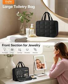 Travel Toiletry Bag & Makeup Bag With Jewelry Storage , Portable Hanging Organizer For Full-Sized Shampoo, Conditioner, Brushes Set, Makeup Accessories,Travel Essential,Large Size - màu đen - Xem 8