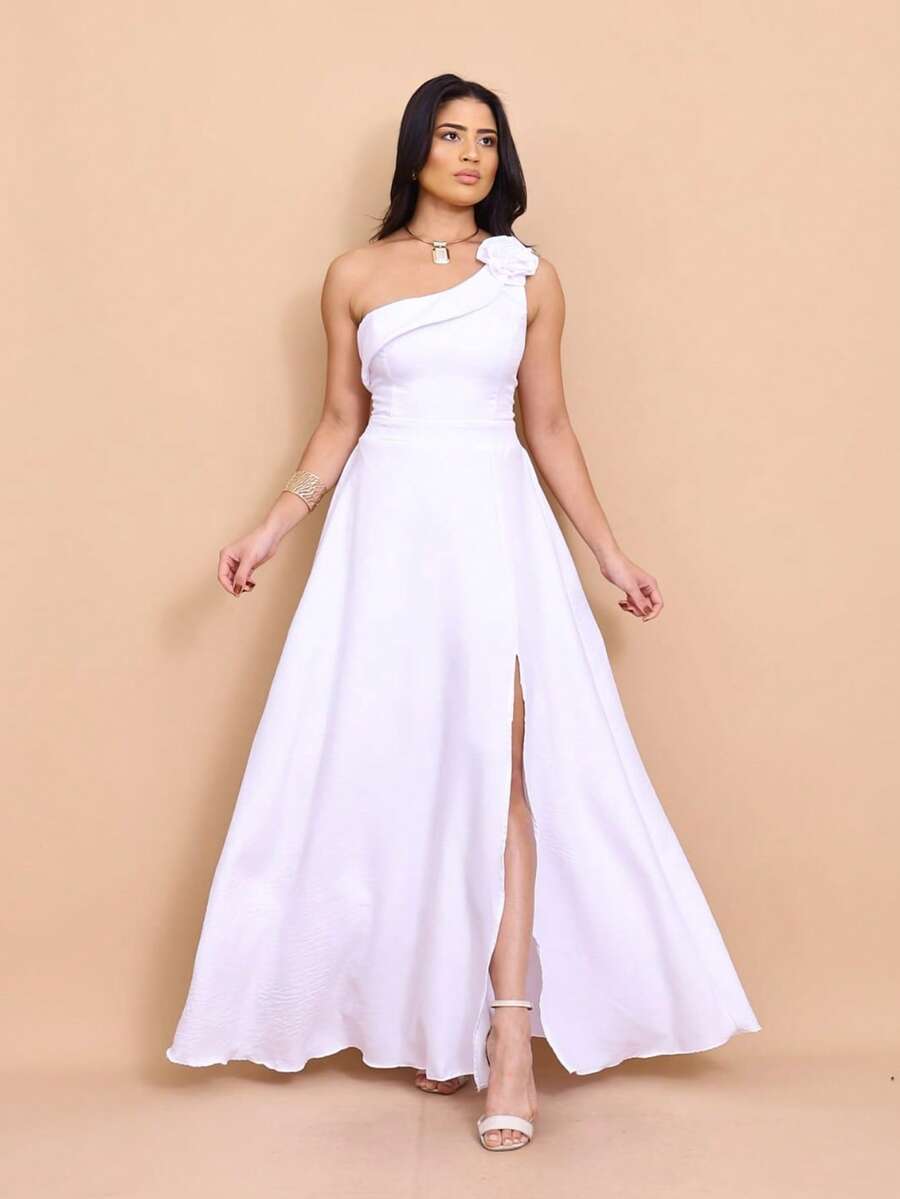 Helena Long Dress Luxury Plain Duna Linen With Slit Flowers One Shoulder - 白色 - 查看 1