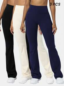 Sodalemon Women Training Fitness 3Pcs Yoga Gym Pants Set Solid Color Butt Liftting Running Casual Sport Flare Pants Tights - Nhiều màu - Xem 2
