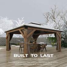 Hardtop Spruce Wood Gazebo 10'x10', With Double Roof Of Metal Sheets, 4.7'' Heavy Duty Poles, Net, And Curtain, Permanent Building For Patio, Deck, Backyard, Lawn, And Garden, Khaki - Khaki - View 2