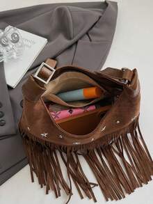 HAILIAN 1 件女士流苏简约复古纯色绒面革单肩包，大容量便携式斜挎包，适合通勤、购物、派对、秋冬 - 查看 6