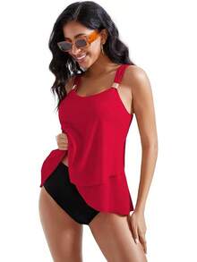 High Waisted Ruffle Tankini Swimsuit Plus Size Tummy Control - Red - View 4
