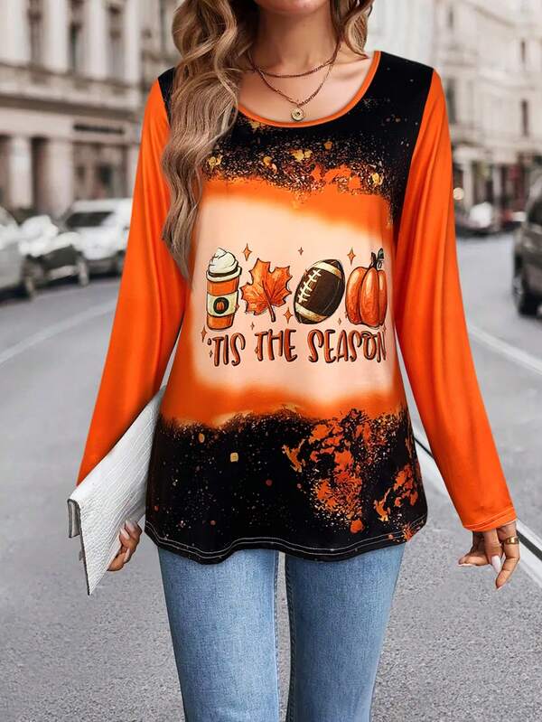 Damen Halloween Kürbis Digital Muster Langarm T-Shirt, Herbst;Ideal für Halloween & Herbst, Halloween Kleidung für Damen, Must-Have Herbst Outfit, Stilvoller Halloween Kostüm, Herbst Top