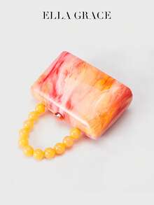 ELLA GRACE - Túi cầm tay họa tiết vỏ sò Acrylic có quai xách ngọc trai và dây đeo xích có thể tháo rời, ví cầm tay hình chữ nhật thanh lịch cho tiệc cưới và tiệc tối - Màu vàng - Xem 5