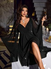 Plus Size V-Neck Dress, Fashionable Korean Style With Metallic Thread, Elegant Black Spring - Black - View 5