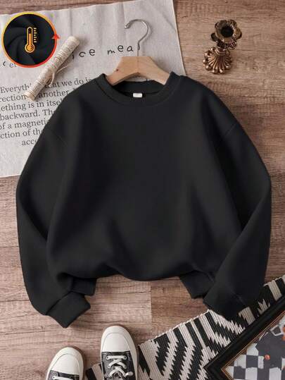 Sweatshirt mit überschnittenen Schultern, Oversize-Sweatshirt mit Kurven, Herbst/Winter, lässig, vielseitig, warmes Futter, Rundhalsausschnitt, Oversize-Sweatshirt, lockerer Streetstyle, adrette lange Ärmel, geeignet für Kleidung bei kaltem Wetter, mit Baumwolle gefüttert, plüschig und bequem, Baumwolloberteil, Streetwear-Sportoberteil für Herren, geeignet für Jungen-, Mädchen- und Kinderkleidung, schwarzes Oberteil