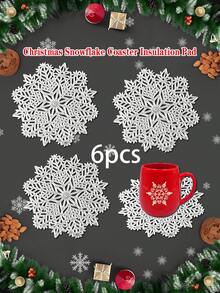 1/6pcs Christmas Snowflake Coasters, Heat Insulation Coasters For Christmas Party Table Decoration, Christmas Scene Decor Coasters, PVC Foil Snowflake Coasters