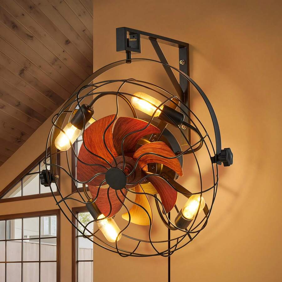 Wall Mounted Fan With Lights, 21 Inch Wall Mount Fan With Remote, 6 Speeds Plug In Wall Fan, Timer, 360°Adjustable Tilt For Bedroom,Garage,Workshop (Compatible 4 E26 Bulb Sockets,No Bulb)