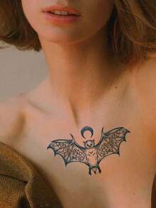 1pc Bat Chain Print Pattern Temporary Tattoo, Herbal Semi-Permanent Tattoo Sticker, Lasting 2 Weeks Without Reflection - Black - View 3