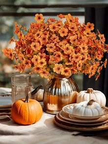 Outdoor Artificial Fall Flower, Uv Resistant Fake Plants, Faux Plastic Floral Orange Shrubs Hanging Flower Plant For Home Kitchen Balcony Garden Window Sill Fall Decoration