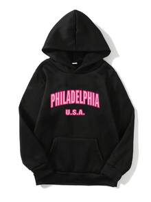 Conjunto casual de 2 piezas para mujeres, sudadera con capucha de manga larga con estampado de letras y pantalones a juego, 100% poliéster, tejido de punto para primavera/otoño, corte holgado con bolsillos, Diseño de Filadelfia, EE. UU. - Negro - Ver 3