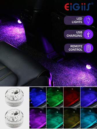 EIGIIS 2/4/6pcs Mini LED Decorative Car Lights, 13 RGB Colorful Ambient Lights, With Remote Control, Portable Car Interior Led Night Light For Car Decor, Suitable For Multi-Purpose Decoration Such As Home, Car, Motorcycle, Truck, Halloween Centerpieces