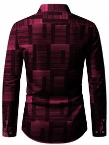 男士速干抗皱休闲商务衬衫，神秘复杂渐变网格图案，银色纽扣，不透明舒适100%涤纶面料，做工精细，修身剪裁，建议搭配西裤，适合秋季穿着，长袖上衣