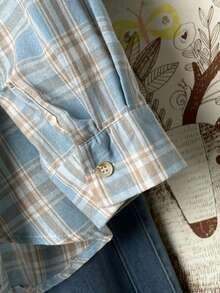 YUXIN 复古蓝色格子长袖时尚宽松女士衬衫，独特设计，秋季