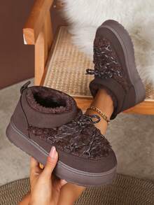 1 Paar Große Größen 36-42 Kunstfell gefütterte warme Tier-Steppstiefel mit Punk-Metall-Ösen und Schnürung, dicke Sohle, Schnee-Stiefel, für Outdoor/Urlaub, Winter