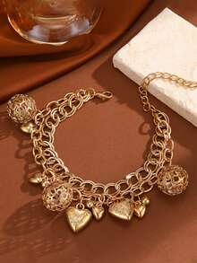 1pc Heart-Shaped Ball Pendant Chain Metal Alloy Bracelet, New Arrival