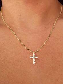 1pc Classic Stainless Steel Cubic Zirconia Inlaid Gold Cross Necklace - Gold - View 2