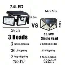 Solar Außenbeleuchtung mit Bewegungssensor, 3-Kopf Sicherheitsbeleuchtung mit Solarbetrieb, 74 LED/100 LED/Mini Flutlicht Bewegungserkannter Scheinwerfer für Garage, Hof, Eingangsbereiche, Terrasse, IP65 wasserdicht