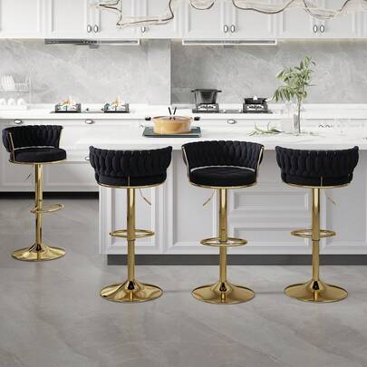VECELO Bar Stools Set Of 2/Set Of 4, Adjustable Barstools Counter Height Stools With Back And Arm, Velvet Woven Kitchen Island Stools W/Gold Metal Leg & Base, 360° Swivel Bar Chair