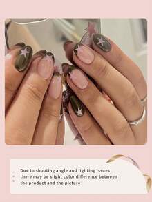 24 móng tay giả ngắn hình bầu dục, đầu móng màu xanh lá cây kiểu Pháp, họa tiết ngôi sao màu hồng, bóng mượt, che phủ toàn bộ móng, phù hợp cho phụ nữ và bé gái sử dụng hàng ngày, hẹn hò, dự tiệc. - màu xanh lá - Xem 7