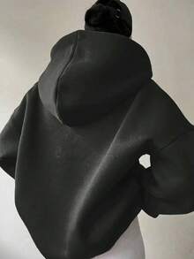 女士时尚休闲字母印花撞色卫衣，涤纶保暖套头衫，秋冬弹力针织面料，洛杉矶风格 - 灰色 - 查看 3