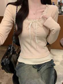 甜美蝴蝶结长袖荷叶边女式衬衫，春夏款，情人节/冬季上衣 - 杏色 - 查看 3