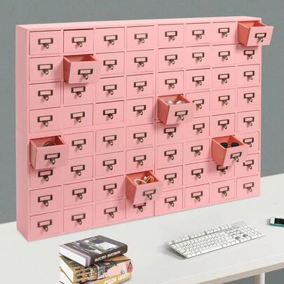 64-Drawer Wood Desk Drawer Organizer, Vintage Tabletop Apothecary Cabinet Wooden Desk Organizer, Card Catalog Cabinet For Dresser, Kitchen, Office Organization And Storage (Pink)