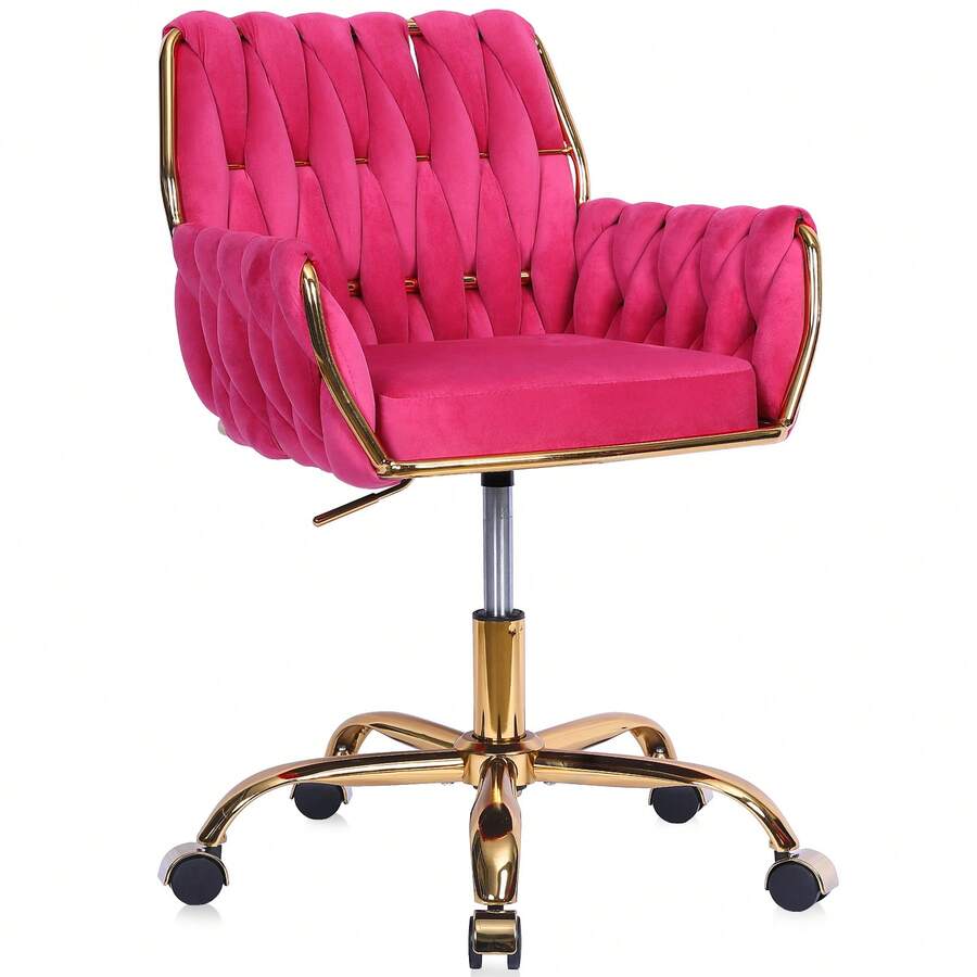 Velvet Modern Home Office Vanity Chair, 360° Swivel Adjustable Height Makeup Desk Chair With Golden Base And Hand Woven Backrest For Bedroom/Study/Vanity - 玫紅色 - 查看 1