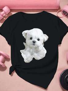 Camiseta informal gráfica de perro ,Camiseta informal de algodón de verano para mujer, manga corta, cuello redondo, 220 g/m2 (1 pieza) - Negro - Ver 2