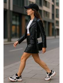Grenj Fashion Cargo Pocket Faux Leather High Waist Bodycon Mini Skirt, Solid Color Casual Ribbed - Black - View 3
