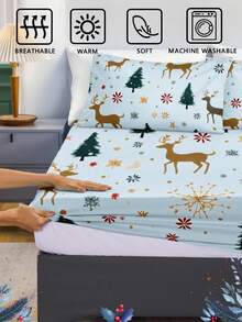3pcs Polyester Digital Printing Christmas-Themed Bed Sheet Three Pieces Set With Blue Base, Christmas Tree & Cute Reindeer Patterns (1 Fitted Sheet + 2 Pillowcases, No Filling Included), Perfect For Room Decoration, Christmas Home Decor, And A Lovely Christmas Gift,Christmas Bedding