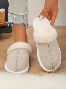 Pantuflas casuales para mujer talla grande 36-45, de tela de unicolor con forro de felpa, parches beige con piel esponjosa, zapatos cómodos para la casa en invierno, cálidos y gruesos, disponibles en varios colores