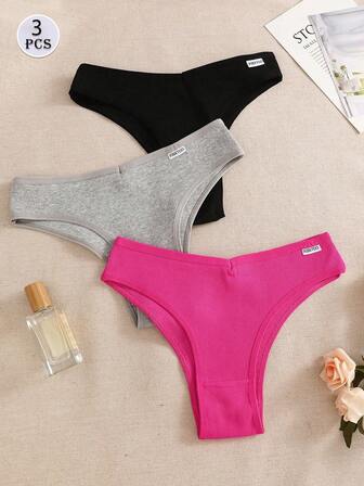 3pcs/Women's Cotton Ribbed Triangle Panties Solid Soft V-Waisted Briefs